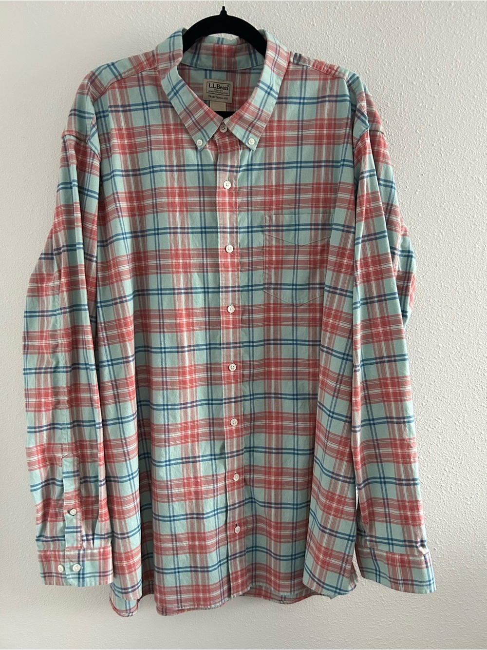 L.L. Bean Men’s Plaid Button-Down Shirt in Light Blue & Coral